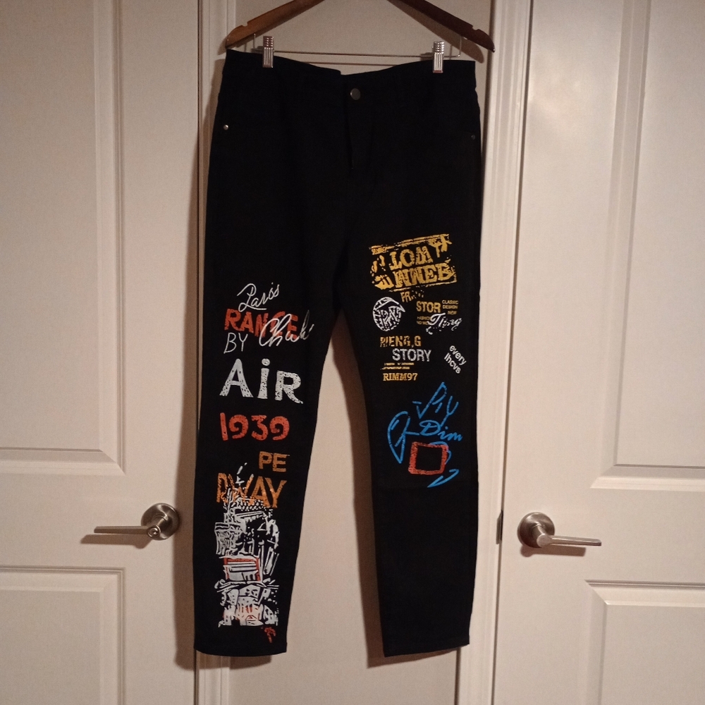 Men's Graffiti Print Casual Streetwear Black Denim Pants